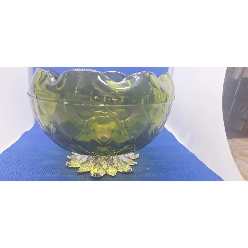 Indiana Glass Avocado Green Candy Dish Duette Quilted Diamond Vintage Glass
